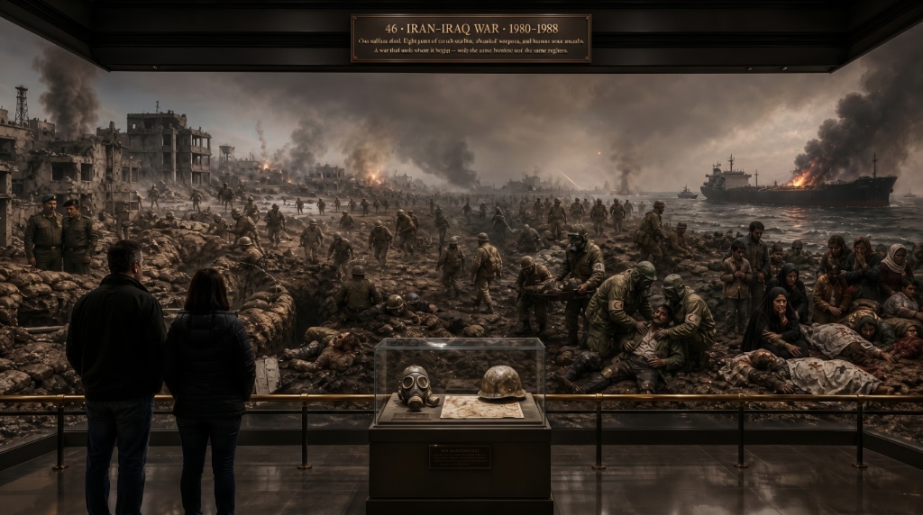 Room 48: Iran–Iraq War — visitors stand before a vast panoramic mural of the Iran–Iraq battlefield, soldiers and civilians amid devastation along a coastal front, a gas mask and map displayed in a glass case in the foreground at the Trois Museum