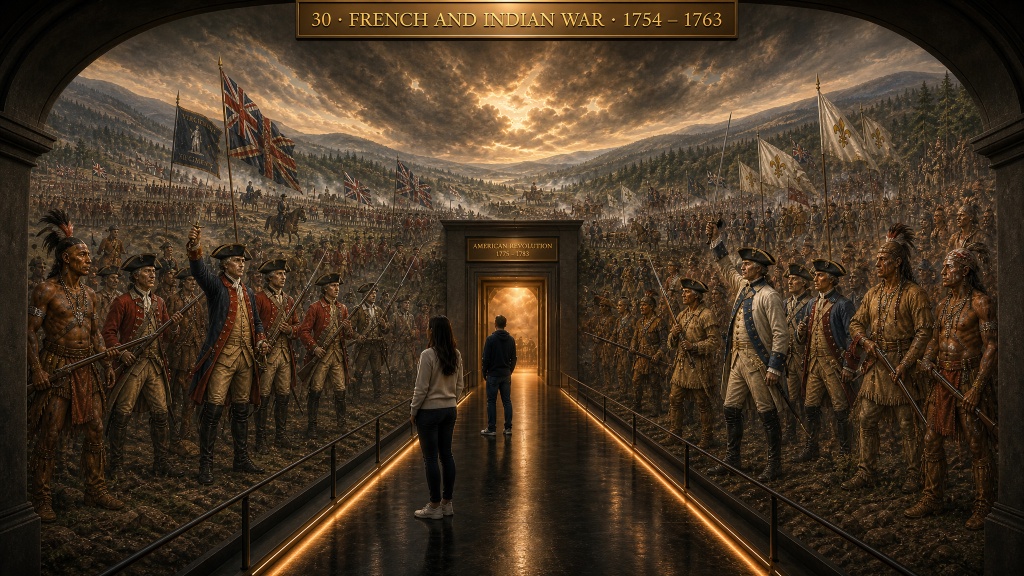 Room 32: French & Indian War — visitors walk a panoramic mural corridor flanked by British redcoats, French soldiers, and Native American warriors, the doorway to the American Revolution ahead at the Trois Museum