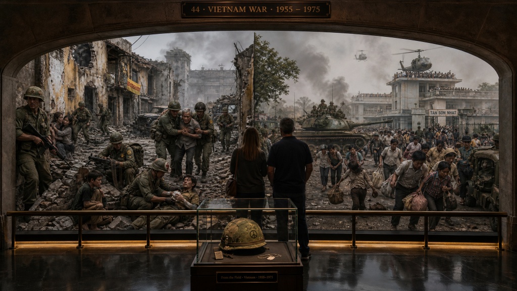 Room 46: Vietnam War — visitors stand before a sweeping panoramic diorama of the fall of Saigon, soldiers and civilians fleeing through rubble as a helicopter evacuates from a rooftop, a soldier's peace-marked helmet displayed in a glass case in the foreground at the Trois Museum