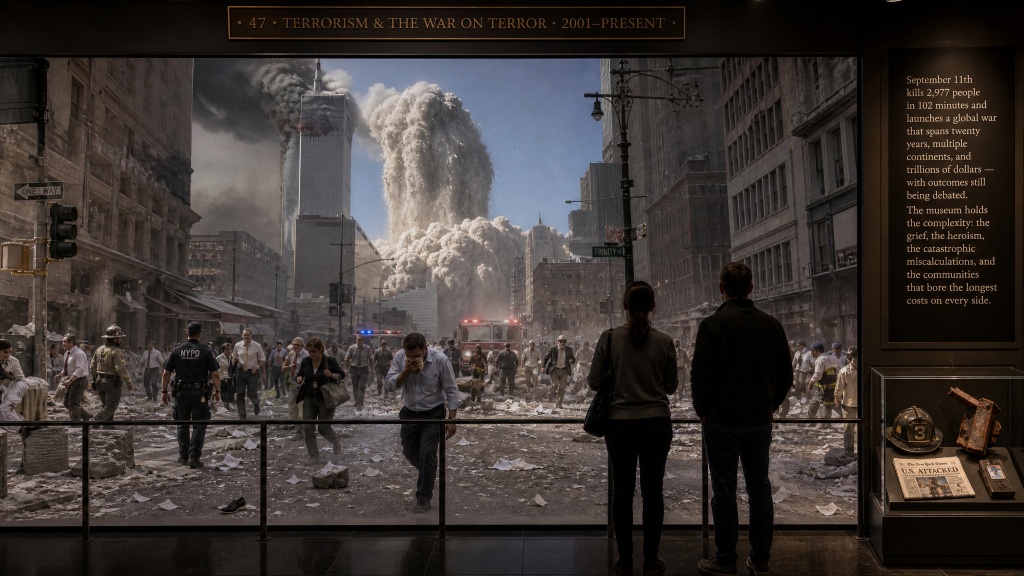 Room 49: Terrorism & the War on Terror — visitors stand before a life-size recreation of lower Manhattan on September 11, 2001, crowds fleeing as the Twin Towers collapse in ash and smoke behind them, an NYPD officer and FDNY helmet displayed in a case beside the room text at the Trois Museum
