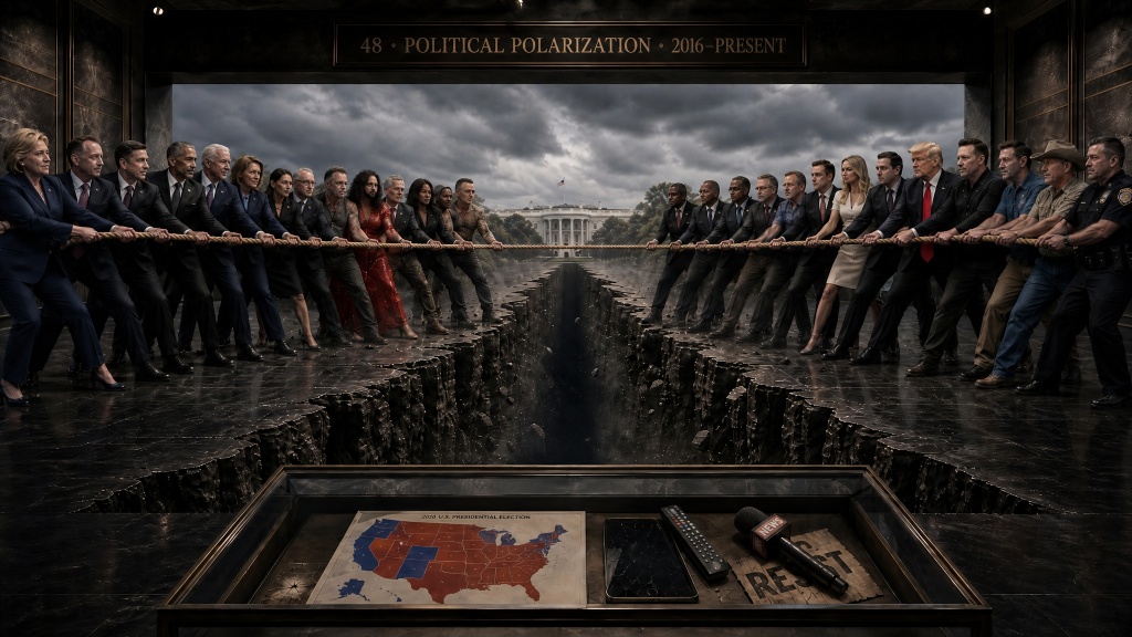 Room 50: Political Polarization — two sides of America pull a rope over a deepening chasm before the White House, a 2016 electoral map and news microphone displayed in a case in the foreground at the Trois Museum