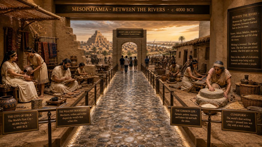 Room 21: Mesopotamia — visitors walk through a recreated ancient Mesopotamian marketplace with scribes, potters, and weavers, the ziggurat of Uruk rising in the distance at the Trois Museum