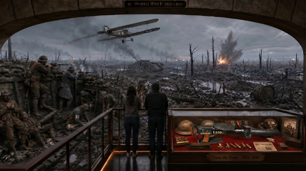 Room 41: World War I — visitors stand at a railing overlooking a vast panoramic diorama of a WWI Western Front battlefield, trench soldiers and a biplane overhead, a display case of medals, helmets, and a gas mask in the foreground at the Trois Museum