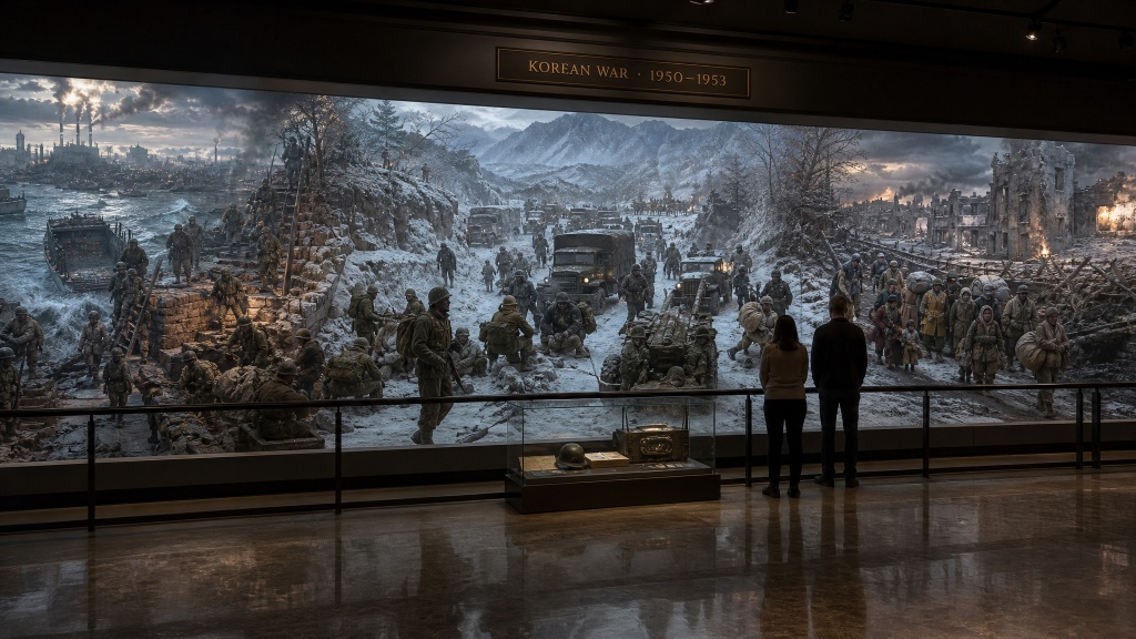 Room 44: Korean War — visitors stand before a sweeping panoramic mural of the Korean War, soldiers and civilians pushing through snow and frozen terrain, military trucks and ruins stretching across a vast winter landscape, a helmet and medals in a display case below at the Trois Museum