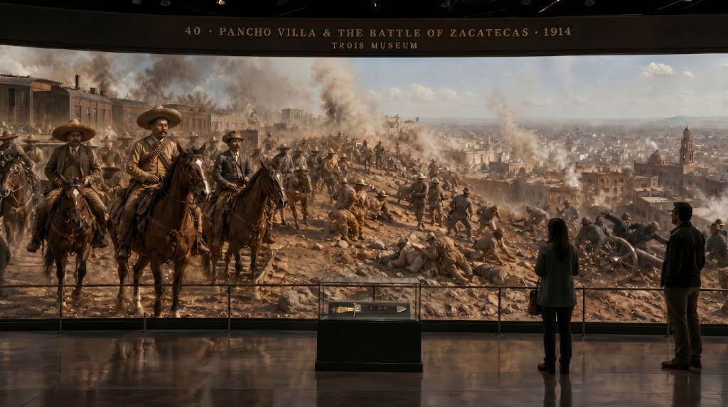 Room 40: Pancho Villa & the Battle of Zacatecas — mounted revolutionaries surge across a smoke-filled hillside as visitors face the violence and momentum of the Mexican Revolution, Villa's dagger displayed in a case in the foreground at the Trois Museum