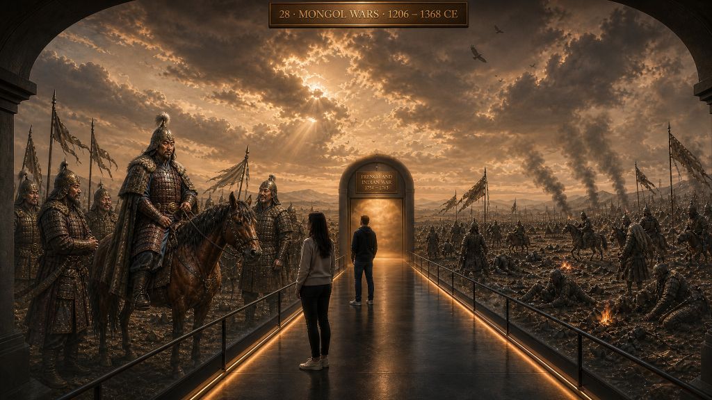 Room 30: Mongol Wars — visitors stand before an immersive panoramic exhibit showing Genghis Khan on horseback flanked by armoured warriors, the scorched battlefield and Mongol banners stretching to the horizon at the Trois Museum