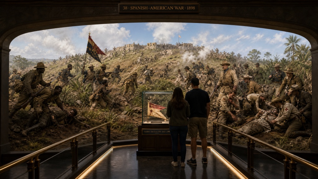 Room 39: Spanish–American War — visitors stand before a sweeping panoramic diorama of the charge up San Juan Hill, soldiers surging up a jungle hillside toward a Spanish fortification, a captured battle flag displayed in a glass case at the center at the Trois Museum