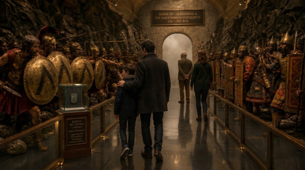 Room 25: Persian–Greek Wars — visitors walk through a corridor lined with Spartan and Persian warrior figures facing off, a Spartan belt buckle display case in the foreground at the Trois Museum