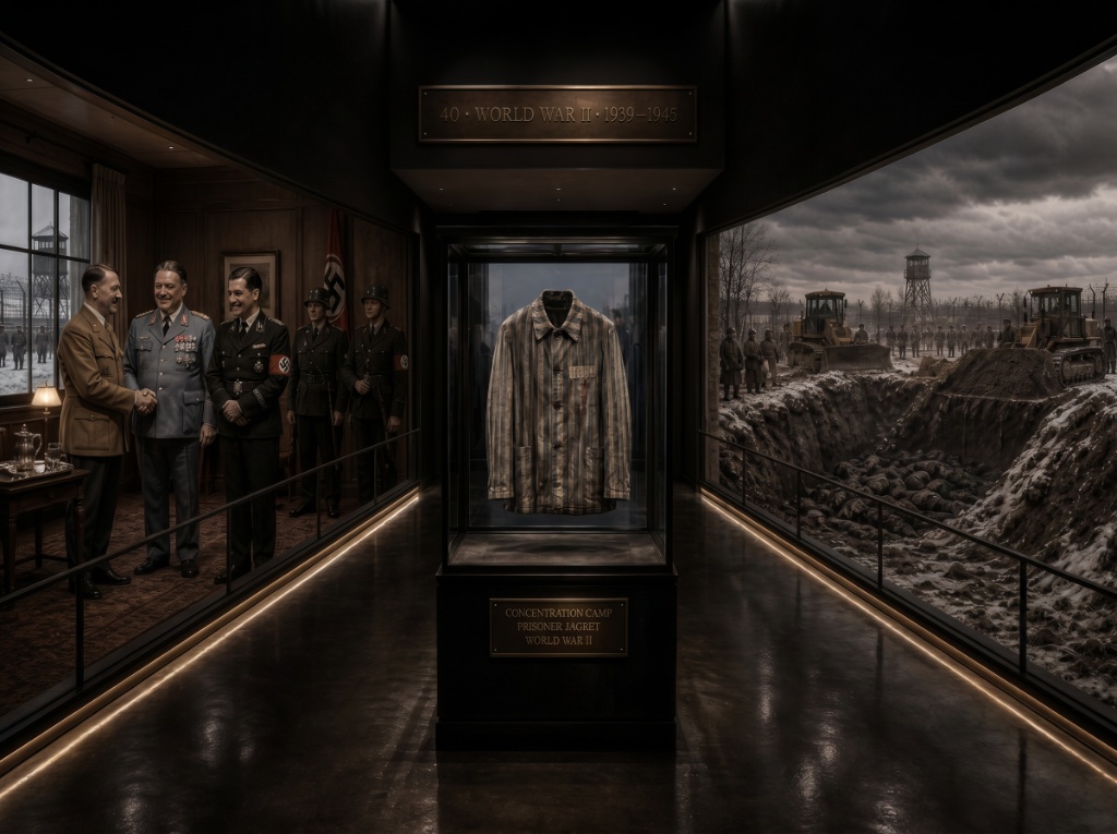 Room 42: World War II — a concentration camp prisoner jacket displayed in a glass case at the center of a narrow gallery, flanked on the left by a waxwork of Nazi leadership and on the right by a panoramic mural of a concentration camp mass grave at the Trois Museum