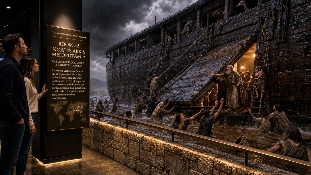 Room 22: Noah's Ark — visitors stand before a dramatic panoramic scene depicting the great flood, with a massive wooden ark, figures in the rising waters, and a stormy sky at the Trois Museum