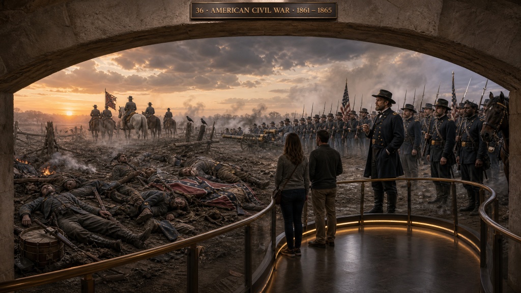 Room 36: American Civil War — visitors stand on a curved viewing platform overlooking a life-size panoramic diorama of a Civil War battlefield at sunset, Union soldiers ranked behind a commanding officer as fallen soldiers lie in the foreground at the Trois Museum