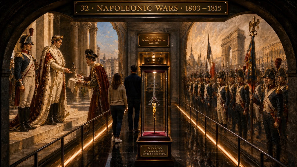 Room 34: Napoleonic Wars — visitors stand before a display of Napoleon's ceremonial dagger flanked by coronation murals and Imperial Guard soldiers at the Trois Museum
