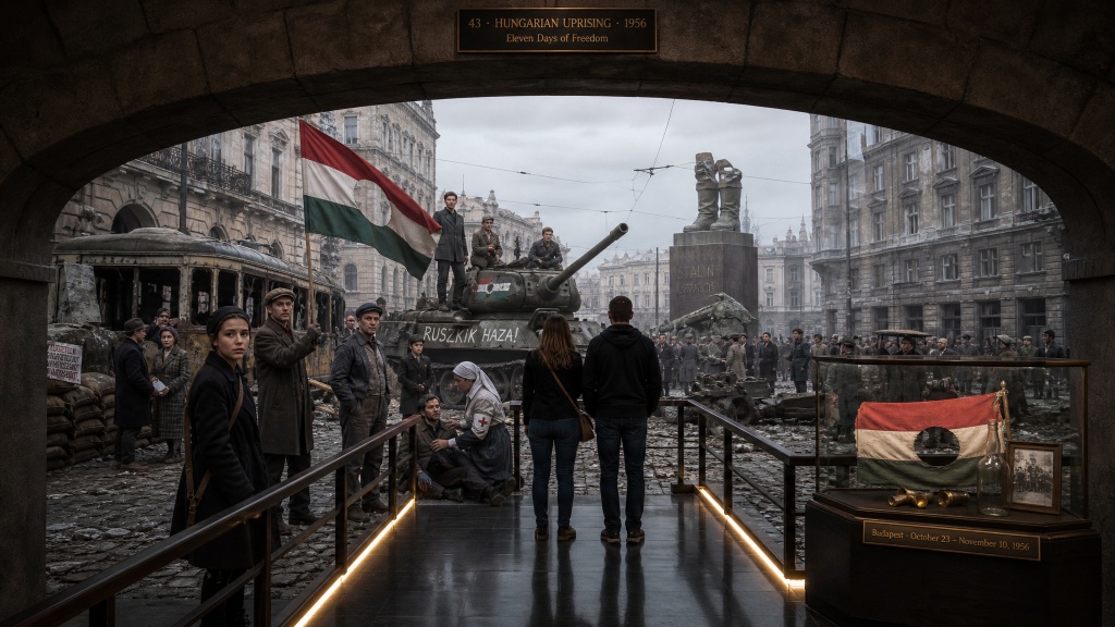 Room 45: Hungarian Uprising — visitors walk through a life-size recreation of Budapest in 1956, revolutionaries atop a Soviet tank marked &ldquo;Ruszkik Haza!&rdquo; waving the Hungarian flag, a Red Cross nurse and protesters in the street, the cut Hungarian flag displayed in a case at the Trois Museum