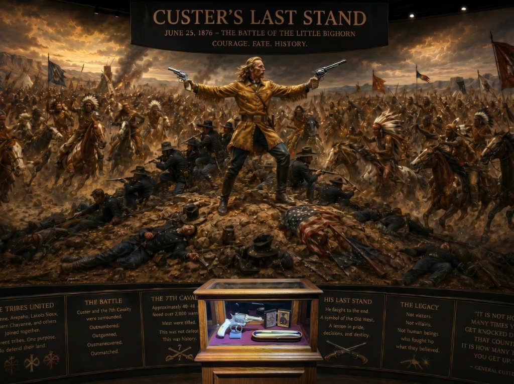 Room 38: Indian Wars in the United States — Custer's Last Stand, June 25, 1876, a dramatic mural of the Battle of the Little Bighorn with General Custer making his final stand against encircling warriors, Custer's revolver and artifacts displayed in a case below at the Trois Museum