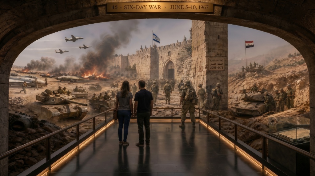 Room 47: Six-Day War — visitors walk toward Lions Gate in Jerusalem as Israeli soldiers advance through the Old City walls, tanks and jets filling a panoramic battlefield mural on both sides at the Trois Museum