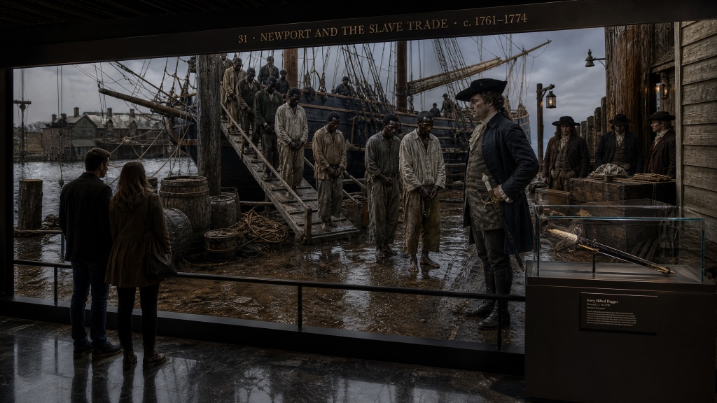 Room 31: Newport and the Slave Trade — visitors stand before a panoramic diorama of the Newport harbor, enslaved Africans being offloaded from a ship, merchant Aaron Lopez and colonial figures on the dock, an ivory-hilted dagger displayed in a case below at the Trois Museum