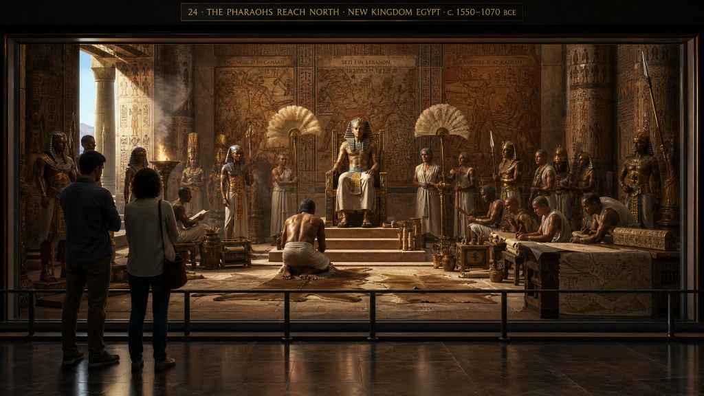 Room 24: The Pharaohs Reach North — New Kingdom Egypt, c. 1550–1070 BCE, visitors observe a life-size court scene of a pharaoh on his throne receiving tribute, scribes and courtiers surrounding him, campaign maps of Canaan, Lebanon, and Kadesh on the walls behind at the Trois Museum