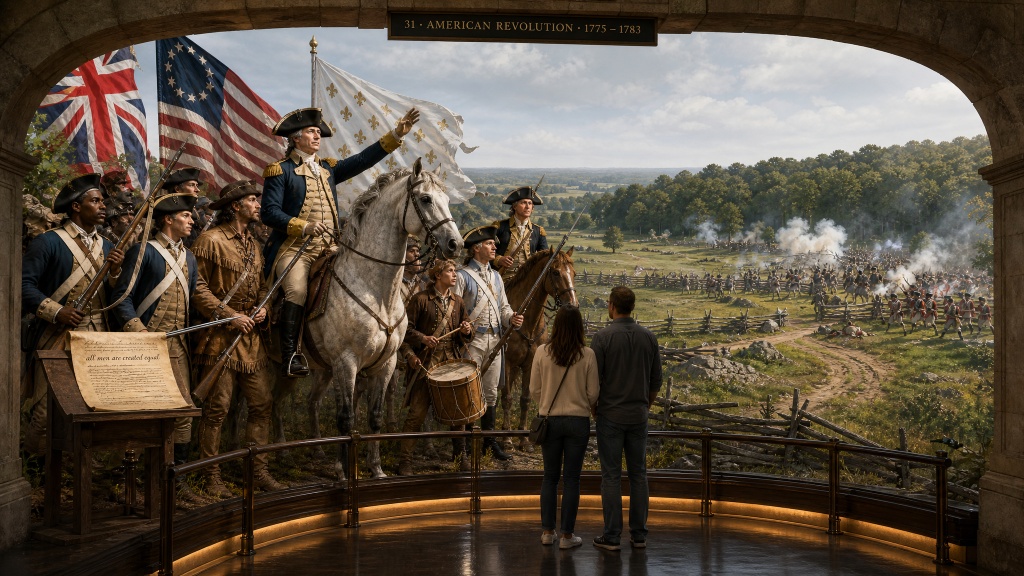 Room 33: American Revolution — visitors stand before a panoramic diorama of Washington on horseback leading Continental soldiers into battle, the Declaration of Independence visible in the foreground at the Trois Museum