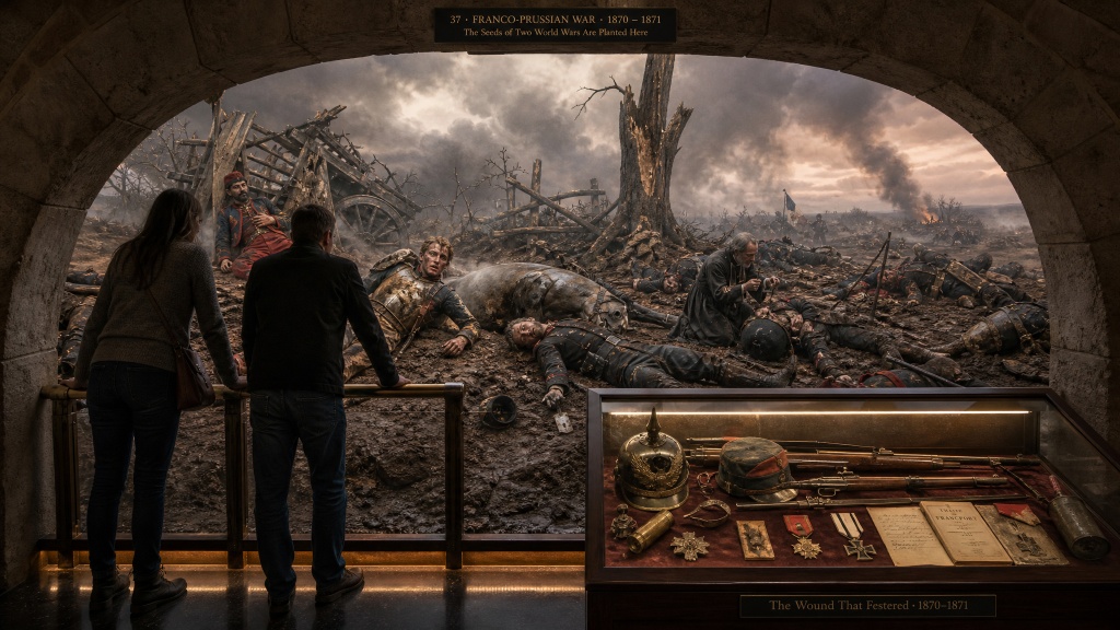 Room 37: Franco-Prussian War — visitors stand before a panoramic diorama of a devastated Franco-Prussian battlefield, fallen soldiers in the mud beneath a stormy sky, with a display case of Prussian helmets, medals, rifles, and the Treaty of Frankfurt below at the Trois Museum