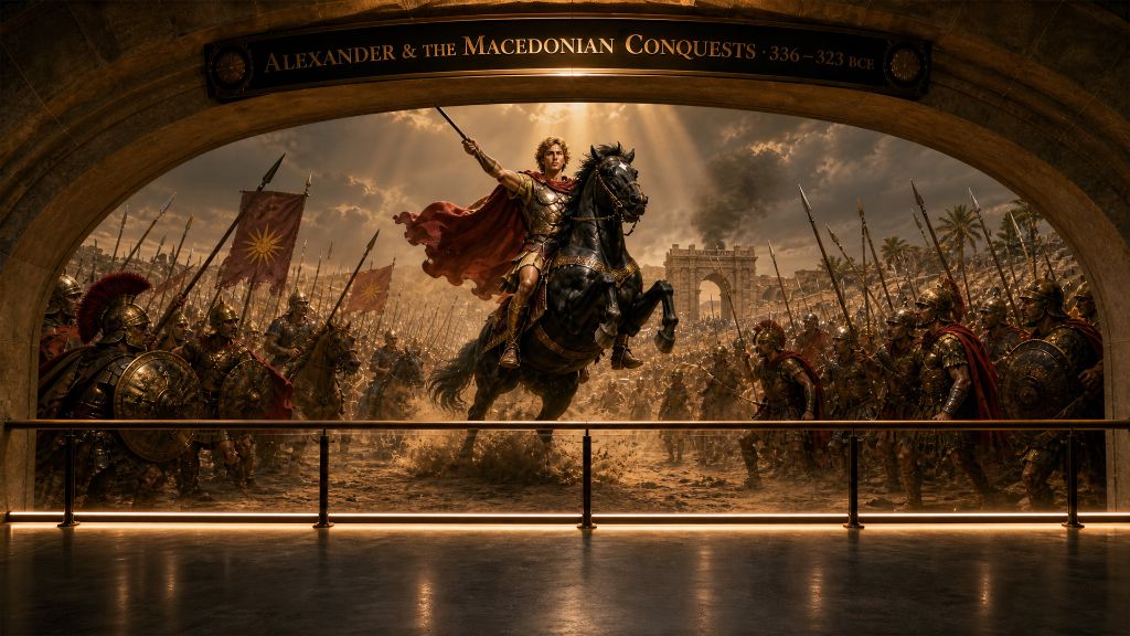 Room 26: Alexander & the Macedonian Conquests — Alexander on horseback beneath a grand arch, leading his army into battle, golden light and Macedonian banners at the Trois Museum