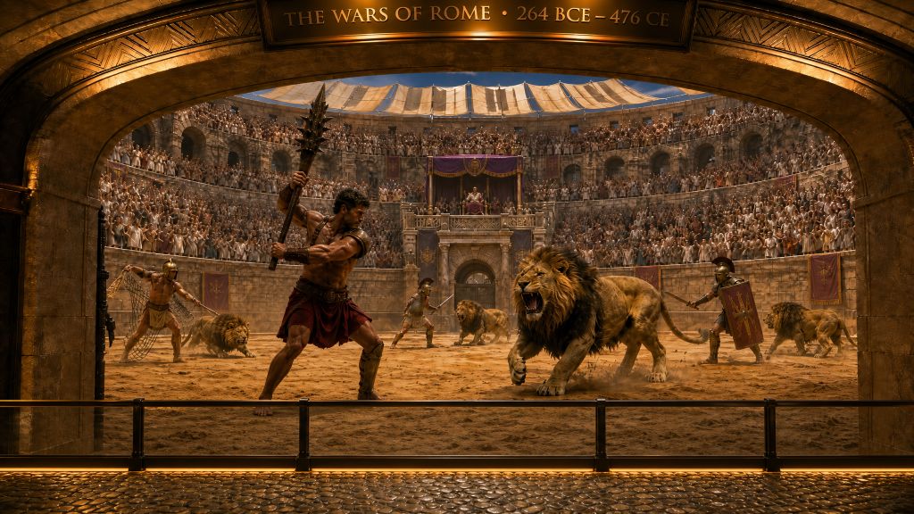 Room 26: Wars of Rome — visitors look through an archway into a recreated Colosseum arena where a gladiator faces a charging lion, the tiered stone seating rising behind them at the Trois Museum
