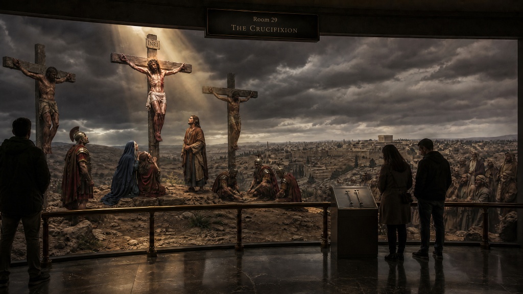 Room 29: The Crucifixion — visitors stand before a solemn life-size installation of the Crucifixion at Golgotha, mourners and Roman soldiers surrounding the cross at the Trois Museum