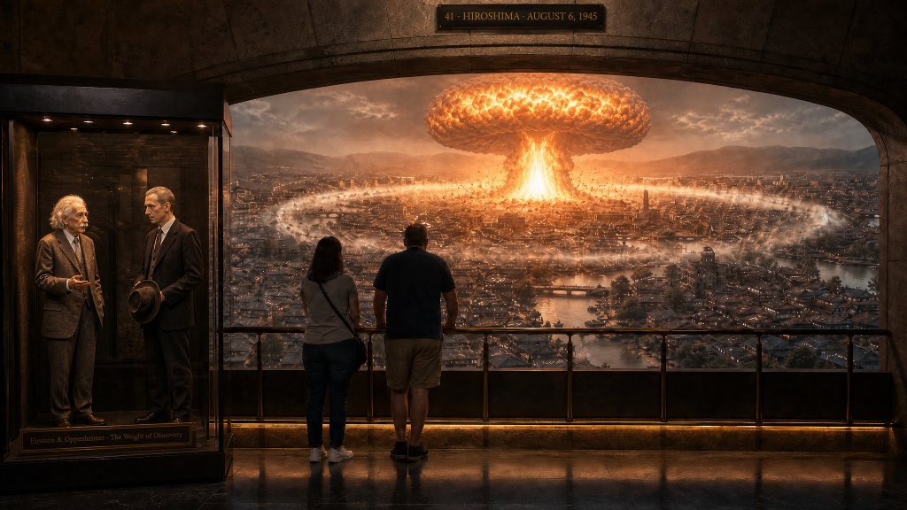 Room 43: Hiroshima — visitors stand at a railing overlooking a panoramic diorama of Hiroshima at the moment of detonation, the mushroom cloud rising above the city, while wax figures of Einstein and Oppenheimer stand in a glass case beside them at the Trois Museum