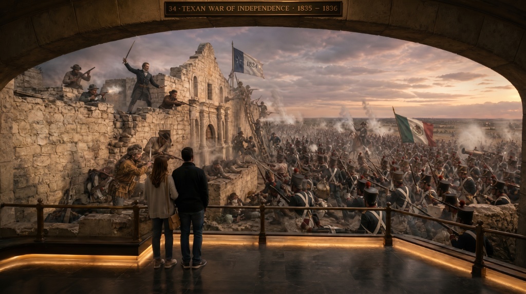 Room 35: Texan War of Independence — visitors overlook a panoramic diorama of the Battle of the Alamo, defenders atop the walls as Mexican forces surge below, at the Trois Museum